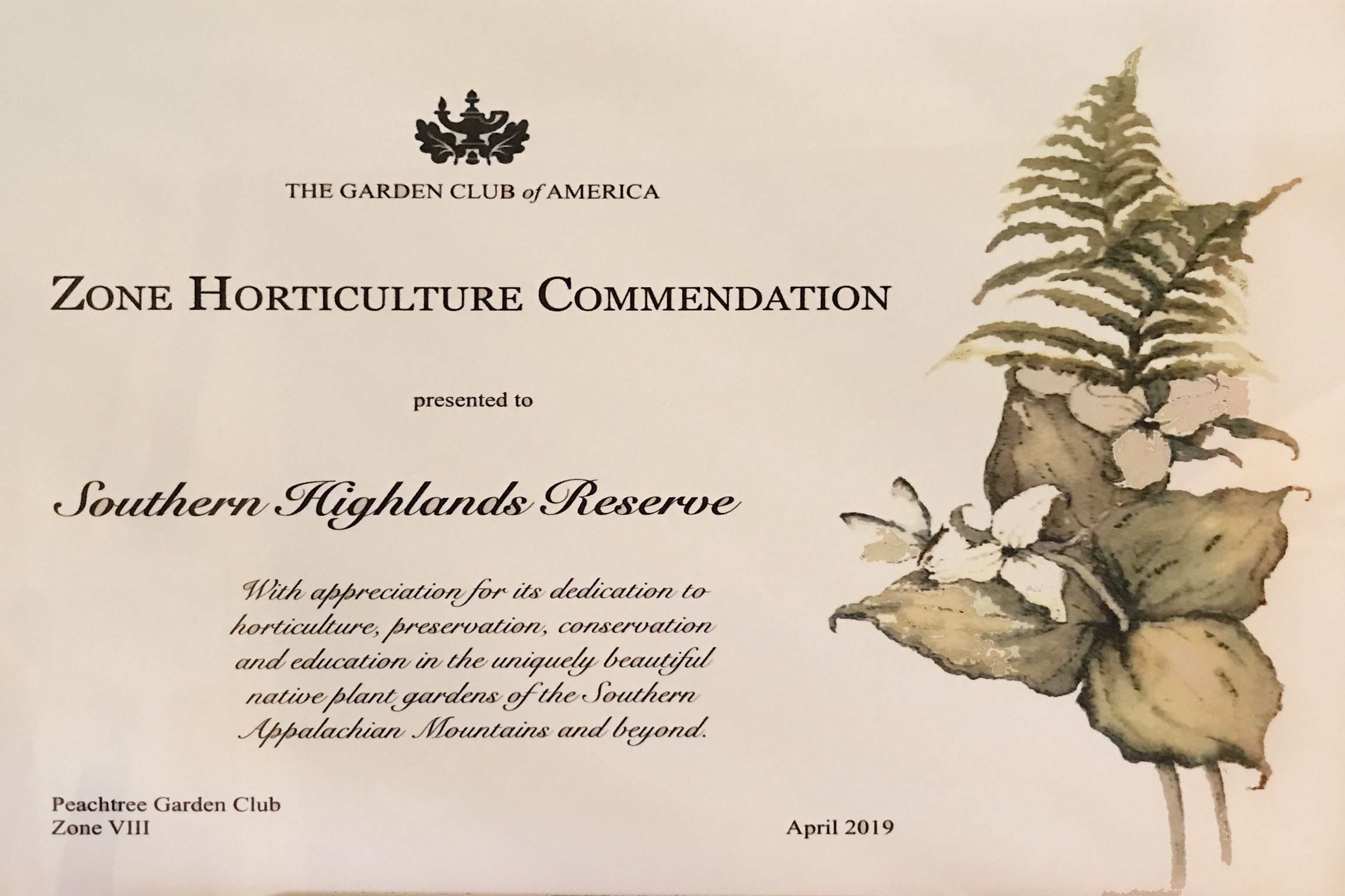 Shr Receives Commendation From The Garden Club Of America